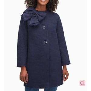 Kate Spade Dorothy Tweed Coat With Bow Front Sz S In Navy Cotton Preppy Twee